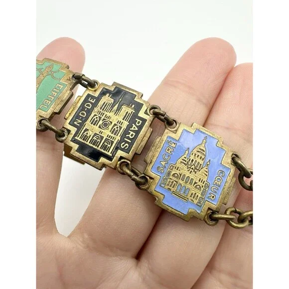 Vintage Paris France Souvenir Monument Enamel Bracelet 7.25" - Picture 4 of 5